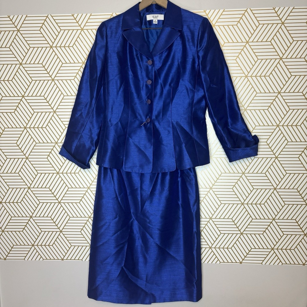 Le Suit Skirt Suit 8 Royal Blue Shimmer Career Church Office Vintage Retro Chic
